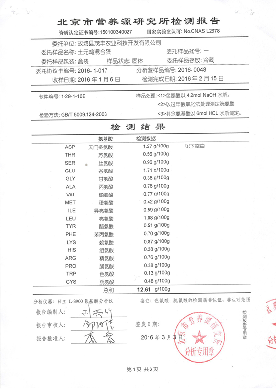 土元雞混合蛋檢測報告